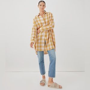 NWT PACT Mustard Gingham Coastal Double Gauze Oversized Button Up ML